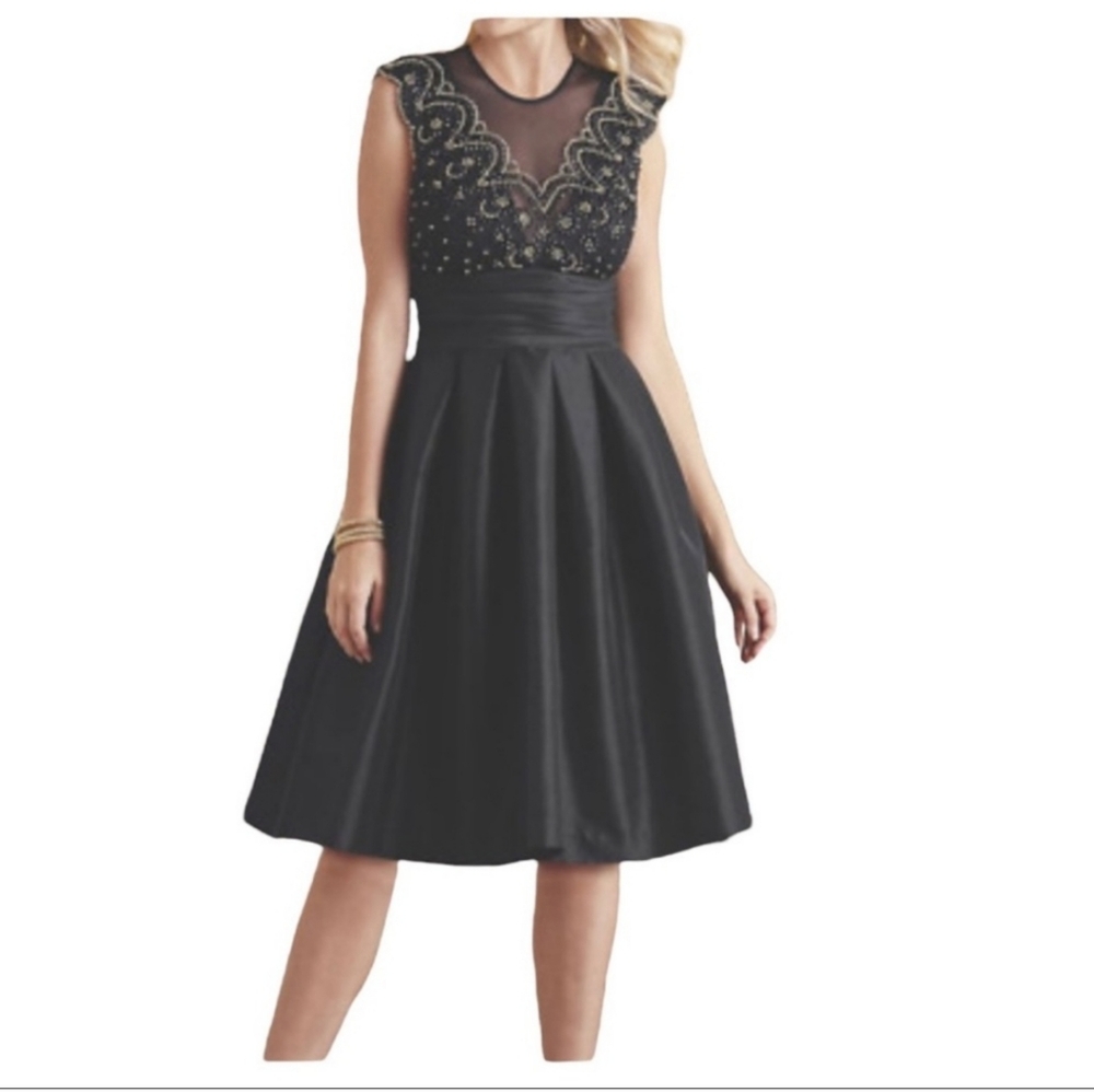 Midnight Velvet Taffeta Tulle Beaded Illusion Mesh Black Prom Pinup Party Dress
